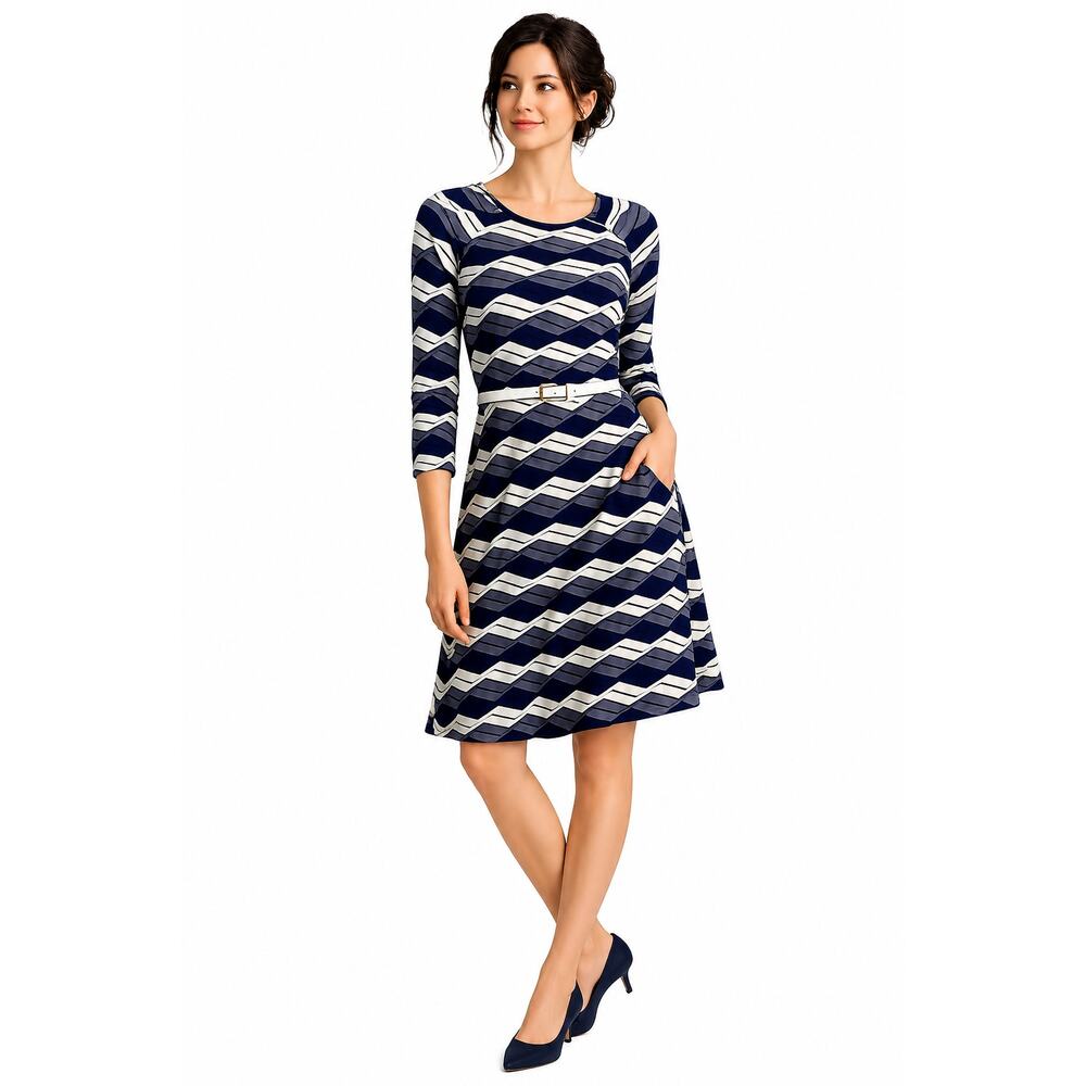 En Focus Studio Womens Size 6 Blue White Geometric Fit Flare Dress